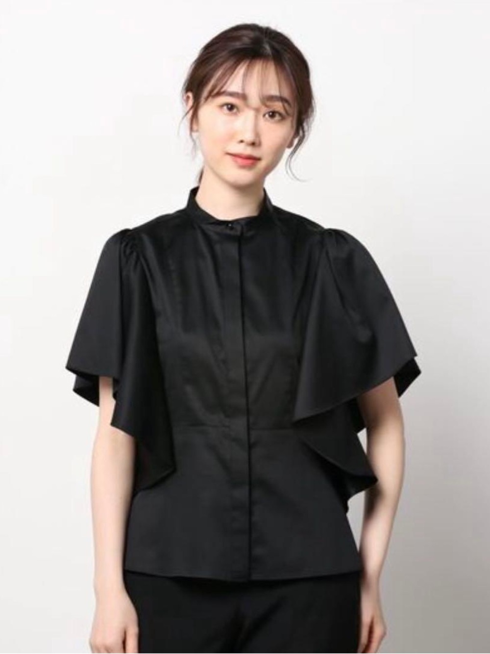 United Arrows Black Cotton Ruffle Button Up Blouse size Large